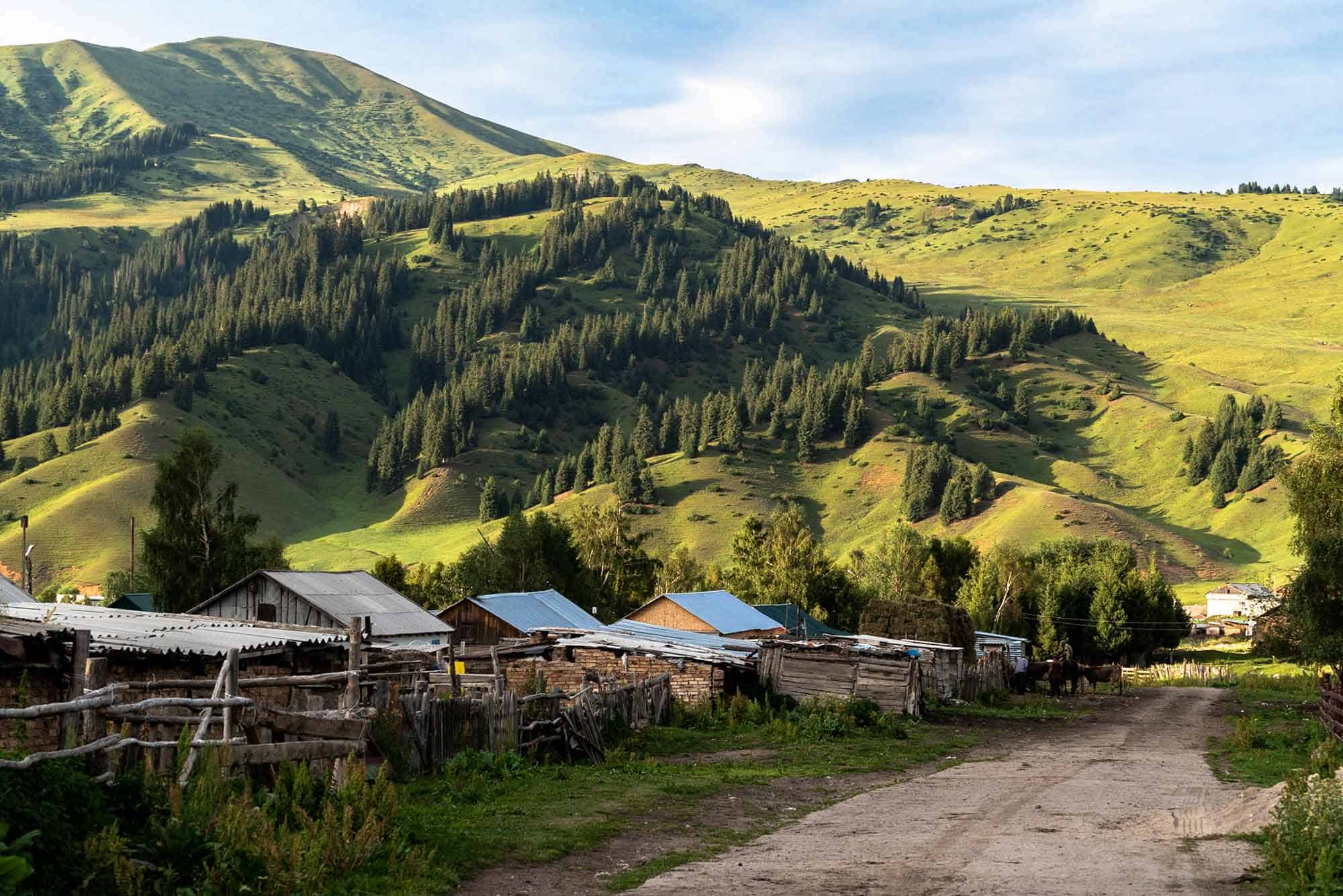 Traditional Kyrgyz village surrounded by mountains